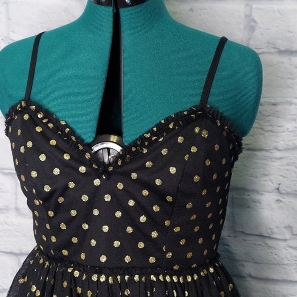 Lulus twinkle of my eye black gold polka dot tiered tulle cocktail dress Medium - Picture 3 of 11